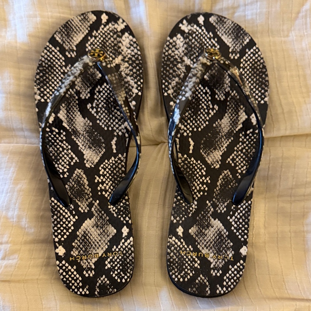 Tory Burch Black & White Snake-Print Flip Flops with Gold Logo